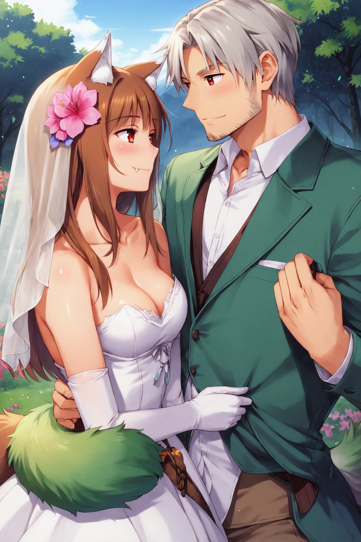 34479-657221110-score_9,score_8_up,score_7_up,_holo,1girl,dress,1boy,Kraft Lawrence,grey hair,animal ears,breasts,flower,tail,white dress,long h.png